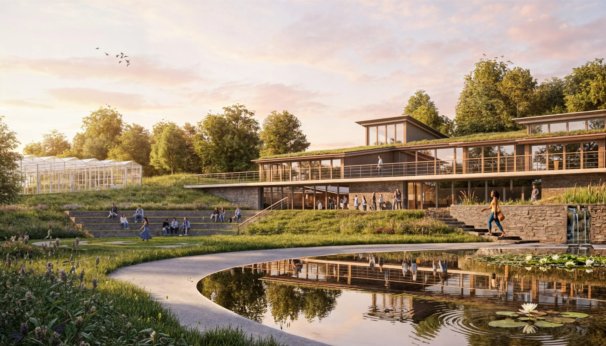 Render of the Innovation Nursery site at sunset: low buildings with planted roofs curving around a pond