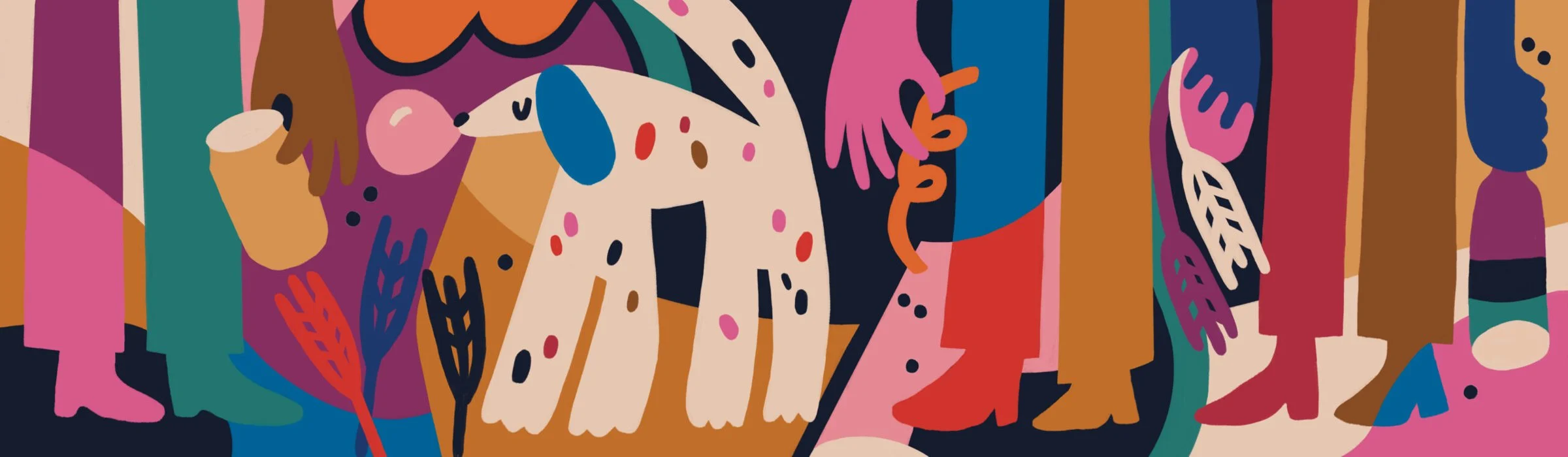 A colourful illustrated mural of figures and hands